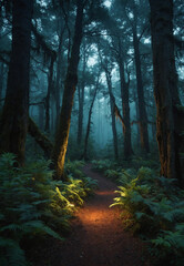 Obraz premium glowing path in a mystical forest lined with tall, ancient trees forest nature woods