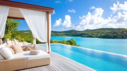 Obraz premium Poolside Cabana with Lagoon Views and Flowing Curtains