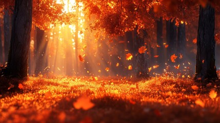 Golden Autumn Sunlight Through Forest Leaves