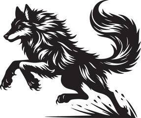 A wolf sprinting mid leap with its tail streaming behind claws extended vector silhouette