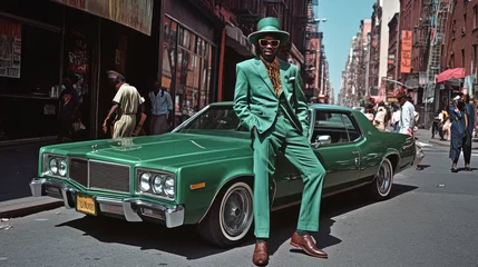 Selbstklebende Fototapeten Stylish man posing with classic car in 1970s new york city street scene © Birgit Reitz-Hofmann