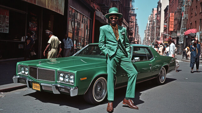 Stylish man posing with classic car in 1970s new york city street scene