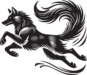 A wolf sprinting mid leap with its tail streaming behind claws extended vector silhouette