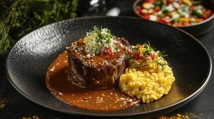 An elegant dish of osso buco served on a plate, garnished with gremolata, accompanied by saffron risotto, highlighting traditional Italian flavors