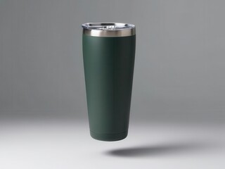 A stylish green tumbler is elevated against a minimalistic background, perfect for coffee or cold beverages.