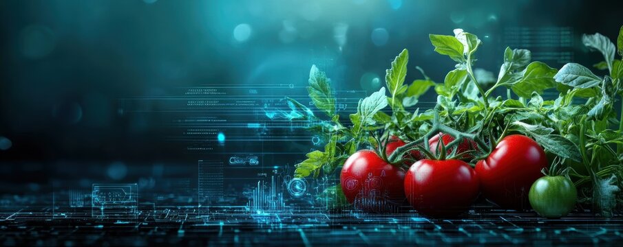 Explore the fusion of technology and agriculture in this captivating image of vibrant tomatoes complemented by digital elements, showcasing the future of smart farming and sustainable crops.