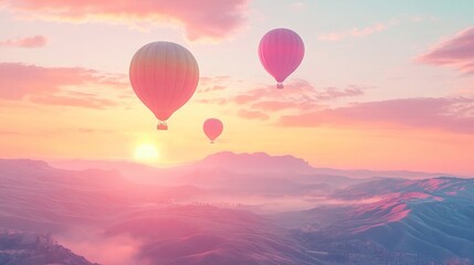 Fototapeta premium Hot Air Balloons at Sunrise Over Mountains - AI Generated Illustration