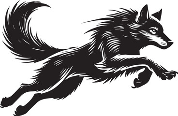 A wolf sprinting mid leap with its tail streaming behind claws extended vector silhouette