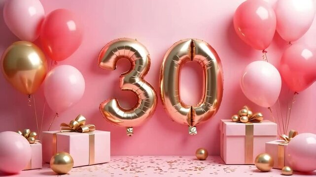 A pink and gold 30th birthday anniversary celebration with balloons and confetti	
