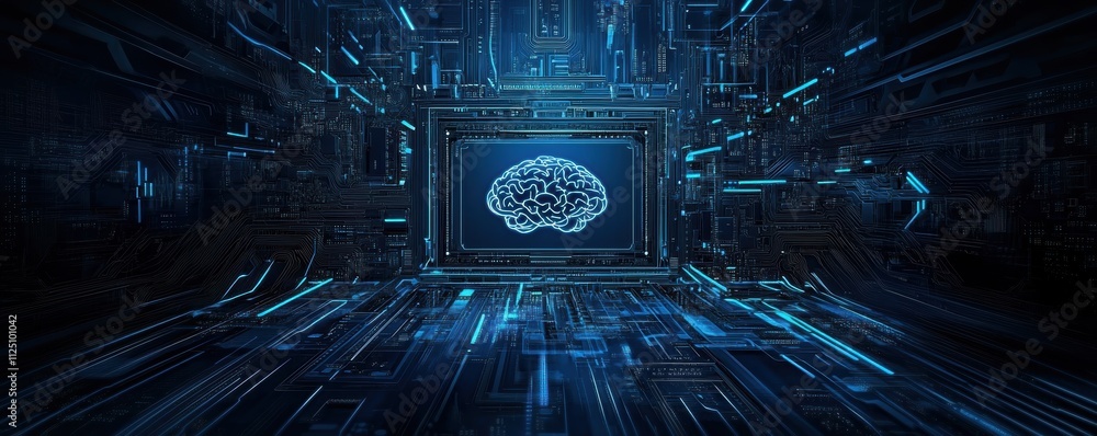 Poster this mesmerizing image depicts a futuristic digital landscape, showcasing a glowing brain within a c