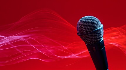 Professional studio microphone on vibrant red background with dynamic audio waveform, symbolizing...