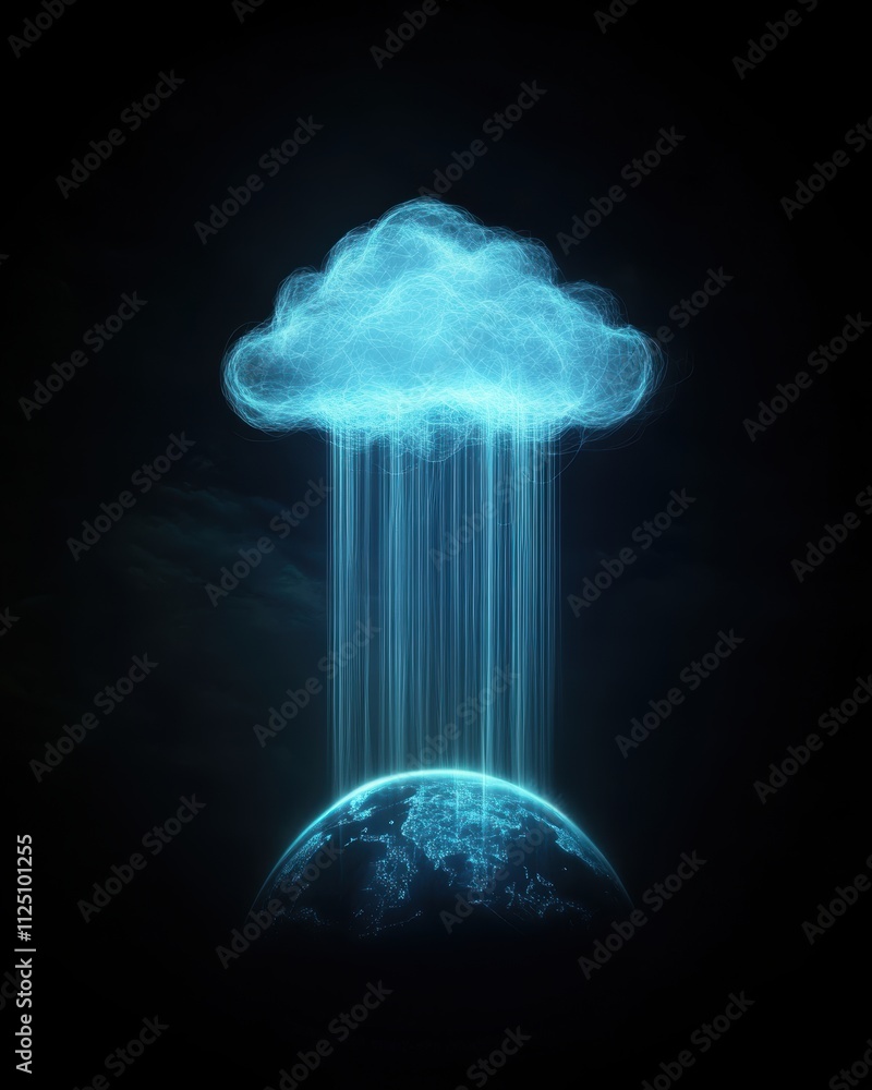 Poster this captivating image depicts a glowing cloud projecting streams of light towards earth, symbolizin