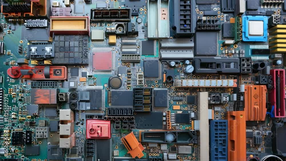 Poster colorful circuit board with electronics technology and components