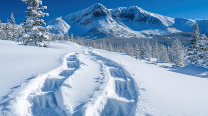 Obraz premium serene winter landscape featuring snow covered mountains and snowy path. bright blue sky contrasts beautifully with white snow, creating peaceful and inviting scene
