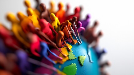 Obraz premium Colorful figurines on a globe, symbolizing global community and diversity.