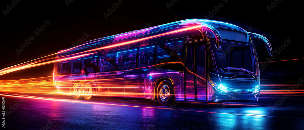 Poster dynamic transport experience with neon sparkles showcasing a high-speed passenger bus in a futuristi