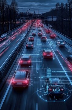 Discover a stunning visualization of a modern highway illuminated by digital data and smart technology, showcasing the future of connected autonomous vehicles and urban transportation networks.