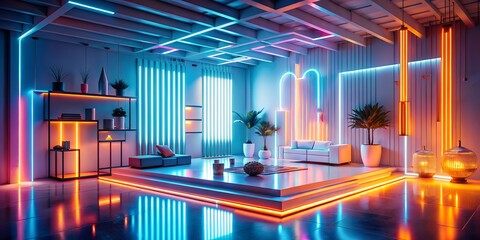 Modern indoor space featuring neon lighting and stylish decor in a vibrant color palette