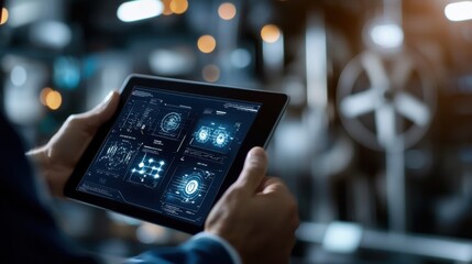 Analyzing industrial data insights using a tablet factory setting digital interface high-tech environment close-up view innovation concept