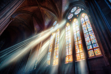 Sunlight streaming through stained glass windows in an ancient catholic cathedral