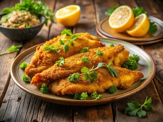 Fototapeta premium Crispy Golden-Brown Fried Catfish Fillets Served on a Plate with Lemon Wedges and Fresh Herbs, Showcasing Southern Culinary Delicacy and Deliciousness