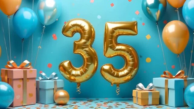 A blue and gold 35th birthday anniversary celebration with balloons and confetti	
