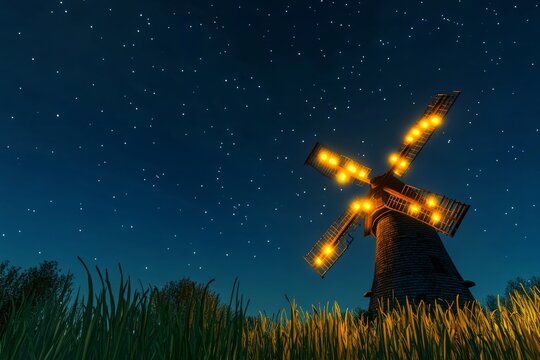 A dark gothic scene of an ancient windmill converted into a glowing energy generator, with eerie light emanating from its blades