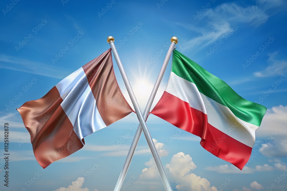 Poster crossed flags of italy and austria in 3d on a clean background, symbolizing unity and collaboration 