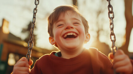 Joyful child swinging at sunset with a bright smile