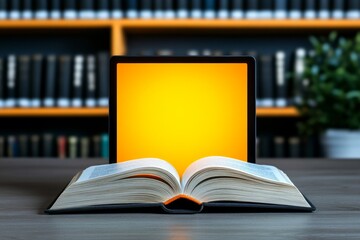 Fototapeta premium A dark library setting with an eerie ebook reader glowing in the dim light, showing cryptic, old-style font on its screen
