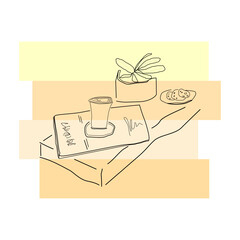 illustration of a cup of coffee with a newspapers and plant