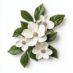 Obraz premium Elegant white flowers with green leaves on a white isolated background.