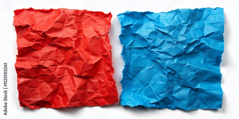 Poster Crumpled Blue and Red Paper Torn Vertically on a White Isolated Background with Space for Your Text - Perfect for Creative Design and Artistic Projects