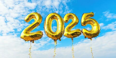 Gold foil balloons in the shape of 2025 floating agai