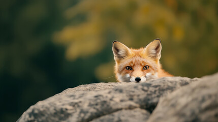 Fototapeta premium Curious red fox peeking over a rock in a natural setting
