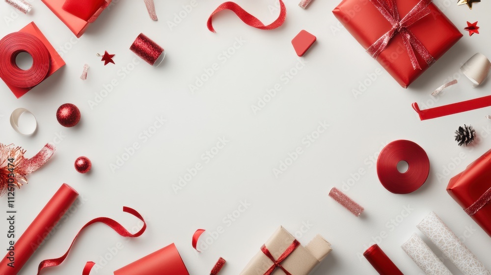Poster Colorful gift wrapping items including paper, ribbons, and ornaments are laid out with ample space for custom text and design ideas. Generative AI