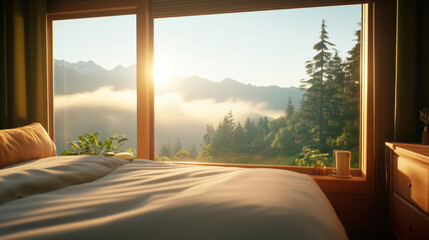 Serene mountain view from a cozy bedroom at sunrise