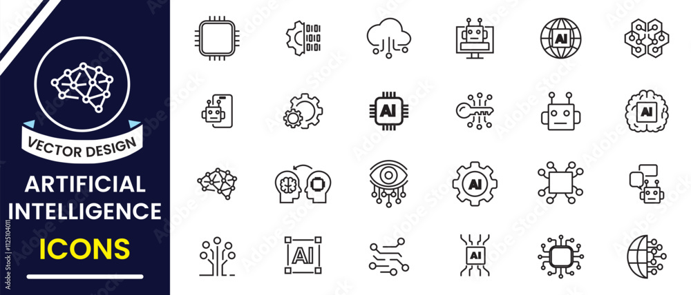Poster artificial intelligence icon set. ai, artificial intelligence line icon, vector set design. ai, data