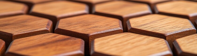 Hardwood durability structure concept. Close-up of hexagonal wooden tiles showcasing rich textures and warm tones, ideal for interior design projects.