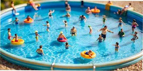Miniature figures enjoy swimming and playing in a vibrant pool on a sunny day