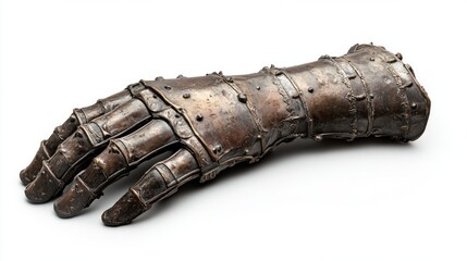 A beautifully crafted metal gauntlet lies on a clean surface. Its intricate design reflects craftsmanship from a bygone era. An artifact rich in history and artistry. Generative AI