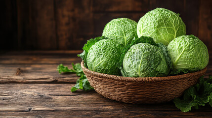Fresh green cabbages in woven basket on rustic wooden table, perfect for healthy meals and recipes. vibrant color and texture add natural touch to any kitchen decor