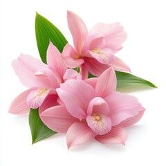 Pink orchids with green leaves on a white isolated background.