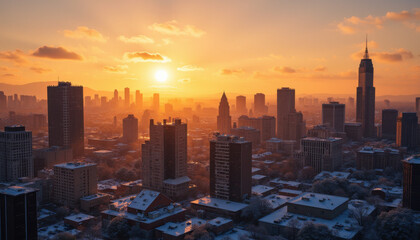 City skyline at sunset, warm colors, urban landscape with skyscrapers and soft clouds