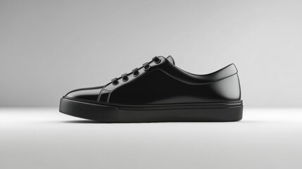 Sleek black leather sneaker on a minimalist white background.