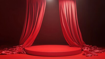 Fototapeta premium A dramatic red stage with flowing curtains creates a captivating and theatrical atmosphere.