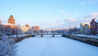 Fototapeta premium Scenic winter river with snow-covered banks and city skyline at sunset