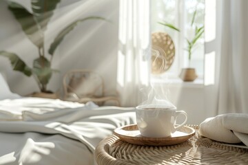 Fototapeta premium Morning ritual with steaming coffee in a cozy, sunlit Scandinavian style bedroom surrounded by greenery. Warm cup of coffee sits on a woven table. With copy space