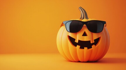 Cheerful jack-o'-lantern wearing sunglasses against a vibrant orange background.