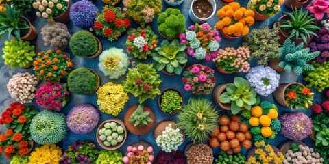 Fototapeta premium Vibrant display of flowers and plants captured from above in a colorful arrangement